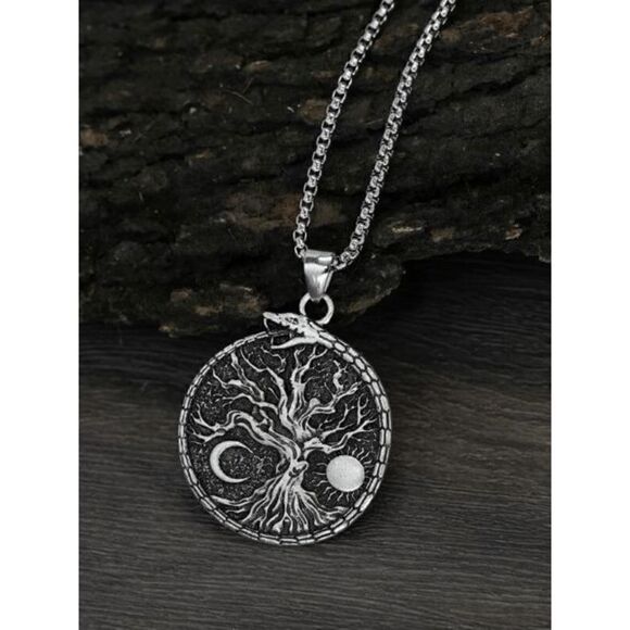 STAINLESS STEEL TREE OF LIFE SUN MOON SNAKE UNISEX PENDANT NECKLACE - Picture 4 of 7